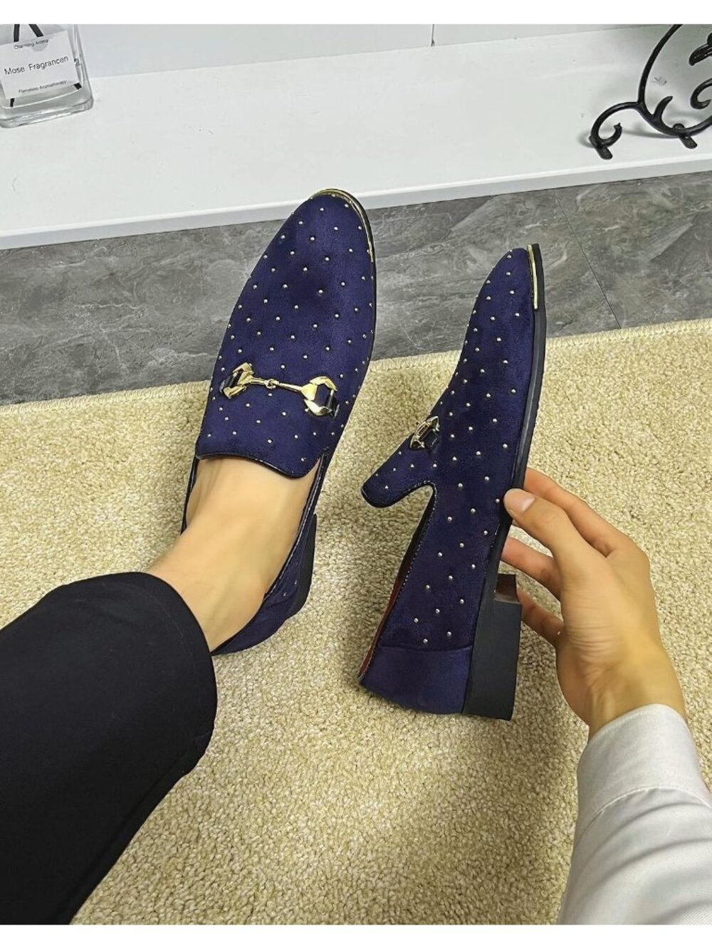 Men's Blue Suede Leather Loafers Gold Rivet Buckle Slip On Party Dress Shoes - Picture 2 of 6
